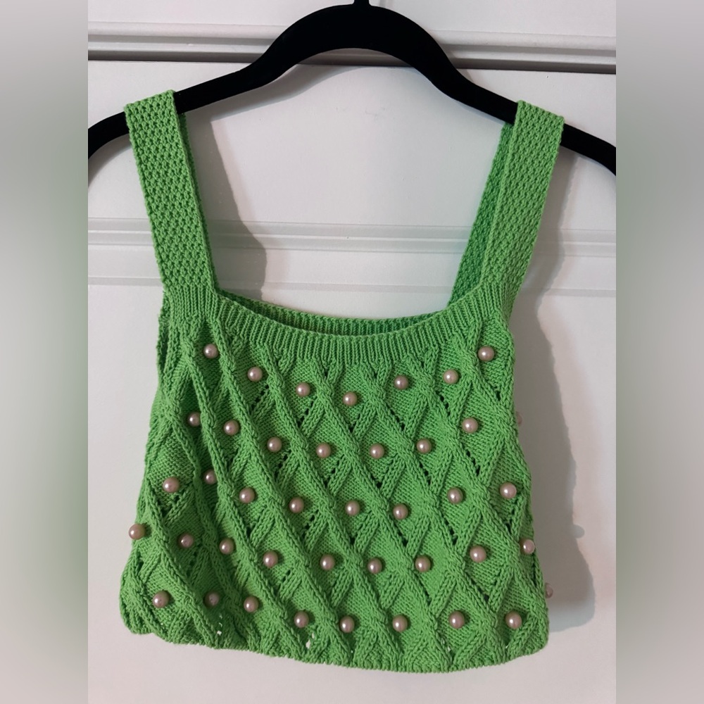 Zara Green Ribbed Embellished Crop Top